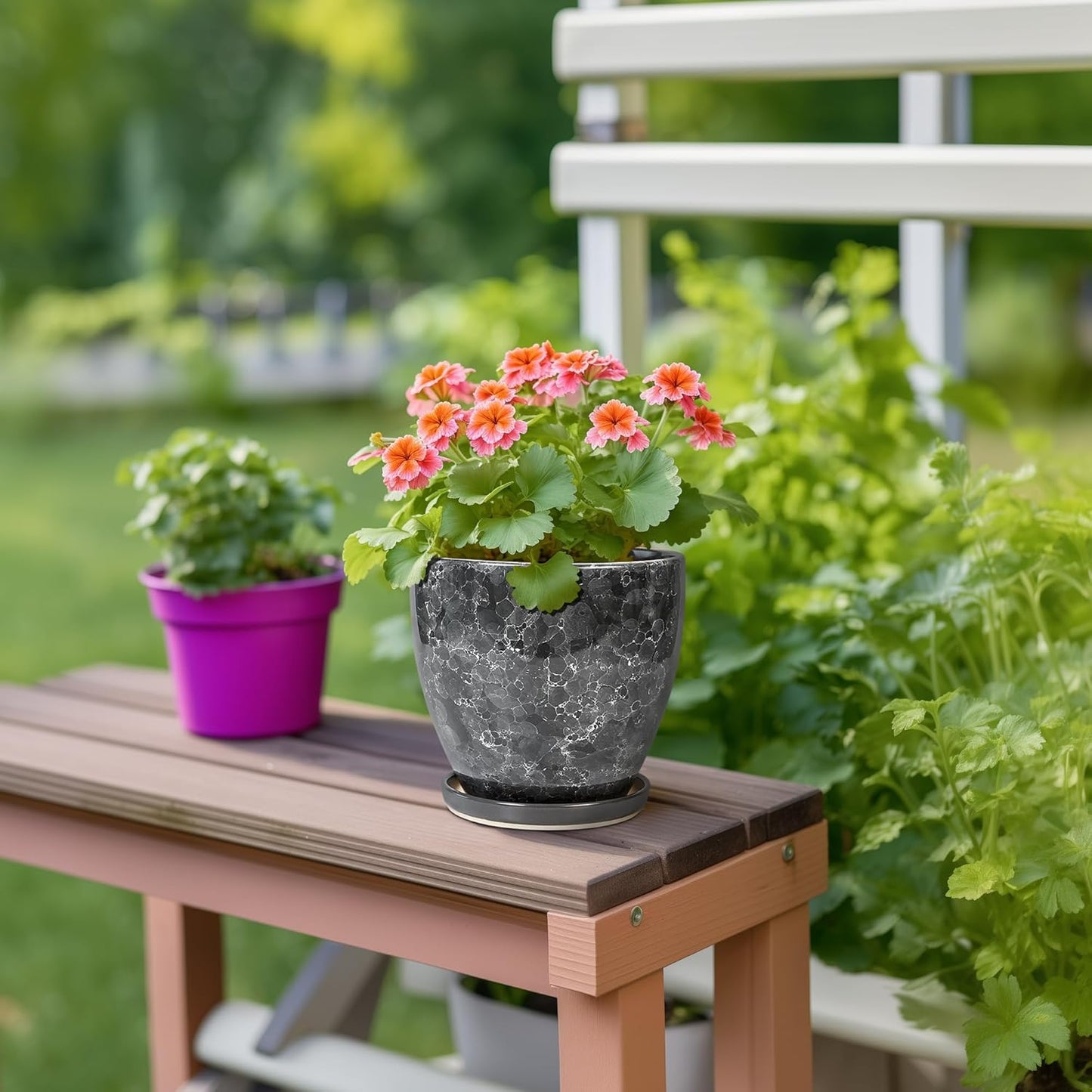 10 Inch Ceramic Planter Pot Round Plant Pot for Indoor Plants Outdoor Large Flower Pot with Drainage Hole and Saucer Blue