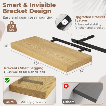 72 Inch Long Floating Shelves for Wall Set of 2, 12"D Wood Grain Bathroom Shelves with Invisible Brackets, Easy Install Engineered Wood Storage Shelves for Kitchen, Living Room, Bedroom, Black Finish