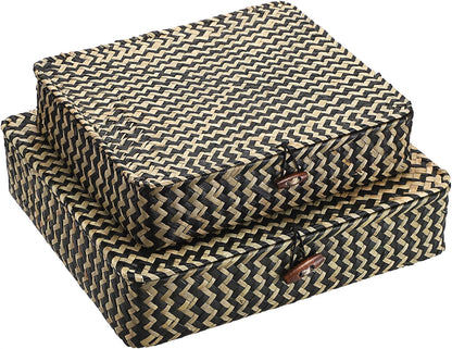 Hipiwe Set of 2 Flat Woven Wicker Storage Bins with Lid Natural Seagrass Basket Multipurpose Home Boxes for Shelf Organizer (Coffee)