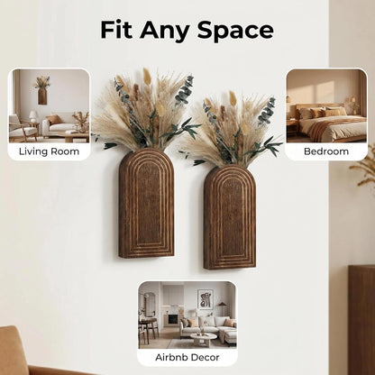 Wooden Wall Planter Set of 4 - Modern Home Decor for Living Room, Bedroom, Bathroom - Walnut Finish Planter for Dried Flowers, Faux Greenery, Indoor Plants