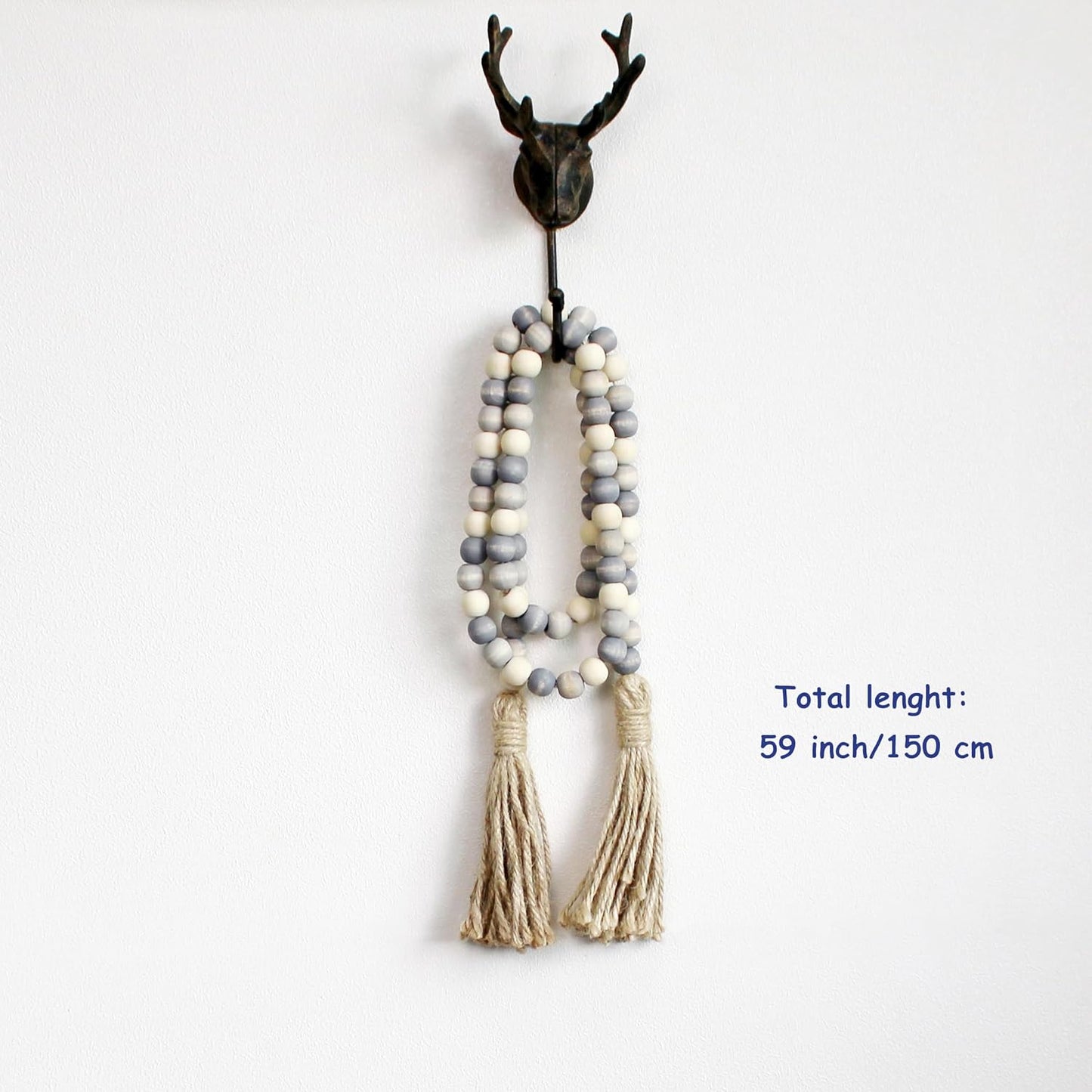 CVHOMEDECO. Wood Beads Garland with Tassels Farmhouse Rustic Wooden Prayer Bead String Wall Hanging Accent for Home Festival Decor. Mix Distressed