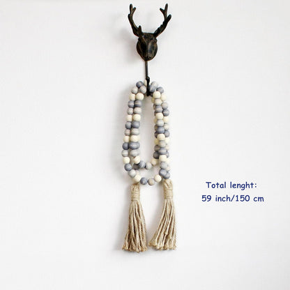 CVHOMEDECO. Wood Beads Garland with Tassels Farmhouse Rustic Wooden Prayer Bead String Wall Hanging Accent for Home Festival Decor. Mix Distressed
