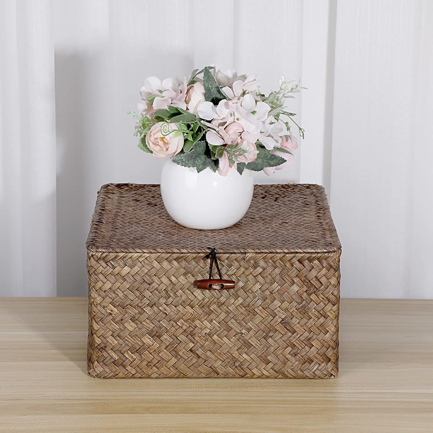 Hipiwe Seagrass Basket with Lid Wicker Storage Basket Square Handwoven Decorative Baskets Box for Shelf Multipurpose Household Baskets Home Decor,X-small