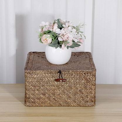 Hipiwe Seagrass Basket with Lid Wicker Storage Basket Square Handwoven Decorative Baskets Box for Shelf Multipurpose Household Baskets Home Decor,X-small