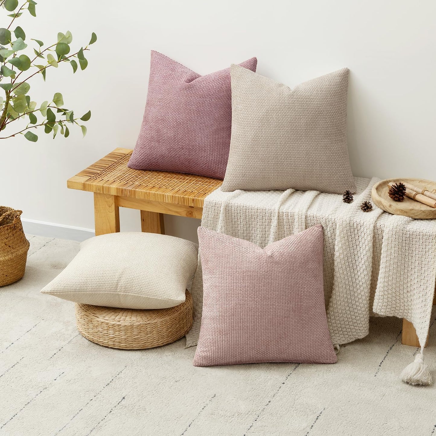 MIULEE Pack of 4 Couch Throw Pillow Covers 18x18 Inch Neutral Soft Decorative Chenille Pillow Covers Farmhouse Boho Cushion Covers for Mid Century Modern Spring Home Decor Sofa Bedroom Living Room