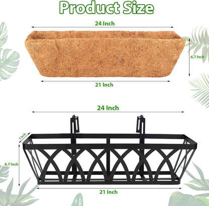 LCHUANG Deck Railing Planter Window Box - 3 Pack 24 Inch Deck Balcony Rail Planter with Coconut Coir Liner, Fence Metal Hanging Flower Planter Basket Deck Railing Planter Boxes for Outdoor Lawn
