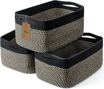 3-Pack Small Storage Baskets for Organizing | Woven Shelf Toy Basket | Rope Baskets for Gifts Empty | Closet Organizer Bins with Handles | Cube Decorative Box | 11.8×7.8×5.1” | Mixed brown