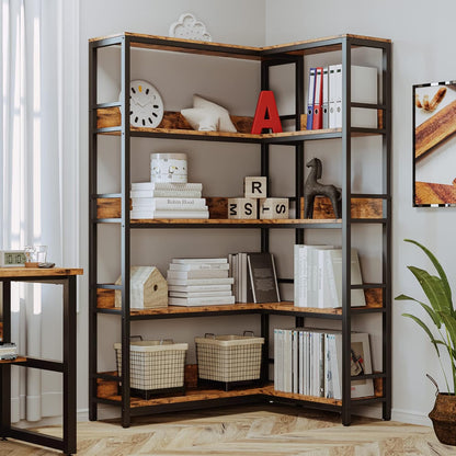 IRONCK Corner Shelf 5 Tiers 70LB Capacity L-Shaped Bookshelf with Baffles and Metal Frame for Home Office Living Room Kitchen Storage and Display