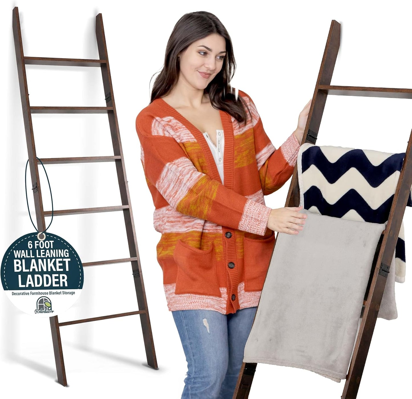 Blanket Ladder for Living Room and Bedroom, 5ft 8 inch, 6-Tier Wall Leaning Laminate Snag Free Construction (White) Rustic Decorative Farmhouse Blanket Storage, Quilt Rack, Ladder Shelf, Easy Assembly
