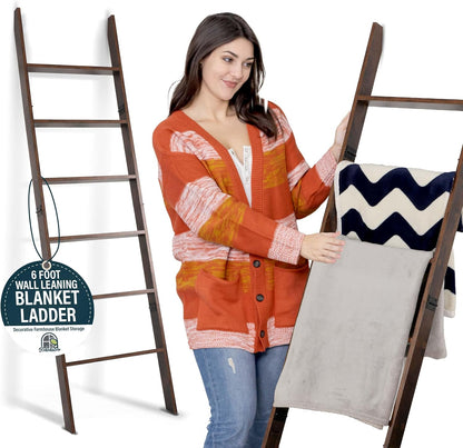 Blanket Ladder for Living Room and Bedroom, 5ft 8 inch, 6-Tier Wall Leaning Laminate Snag Free Construction (White) Rustic Decorative Farmhouse Blanket Storage, Quilt Rack, Ladder Shelf, Easy Assembly