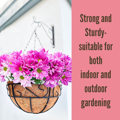 LaLaGreen Hanging Planter for Outdoor Plants (12 Inch, 2 Pack) Hanging Baskets with Coco Liner, Black Metal Wire Flower Basket Pots with Hook Hanger Balcony Porch Farmhouse Country Style Garden Decor