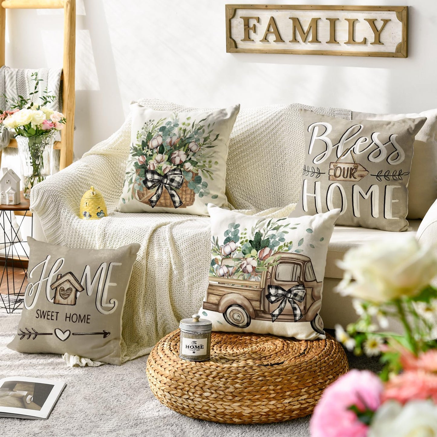 AVOIN colorlife Bless Our Home Farmhouse Eucalyptus Leaves Throw Pillow Covers, 18 x 18 Inch Truck Home Sweet Home Cushion Case Decorations Set of 4