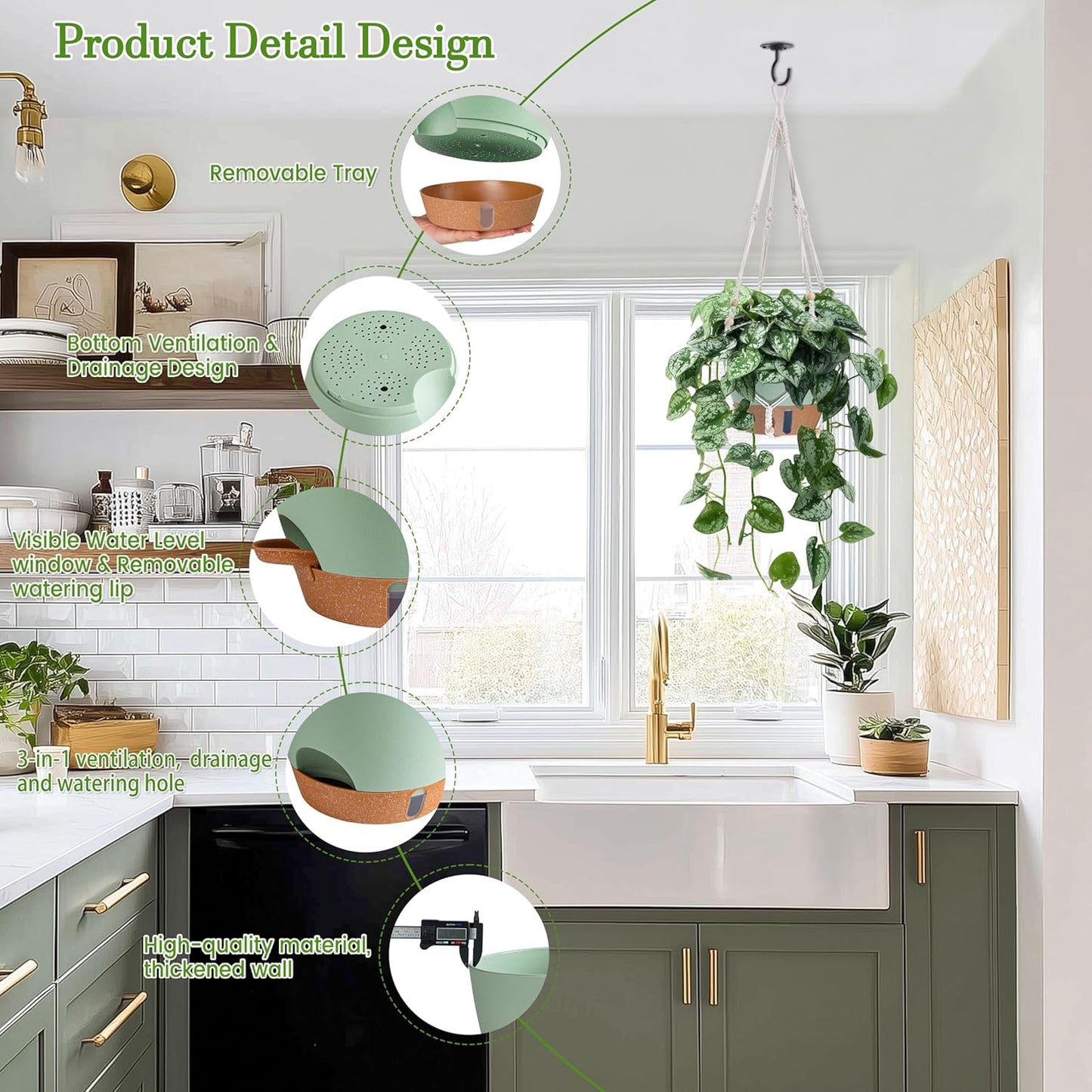 10 Inch Hanging Planters for Indoor Plants, 2 Pack Self Watering Hanging Baskets Flower Pots with Drainage Hole, Visual Reservoir & 2 Kinds of Plant Hanger for Outdoor Garden Home Decor (White)