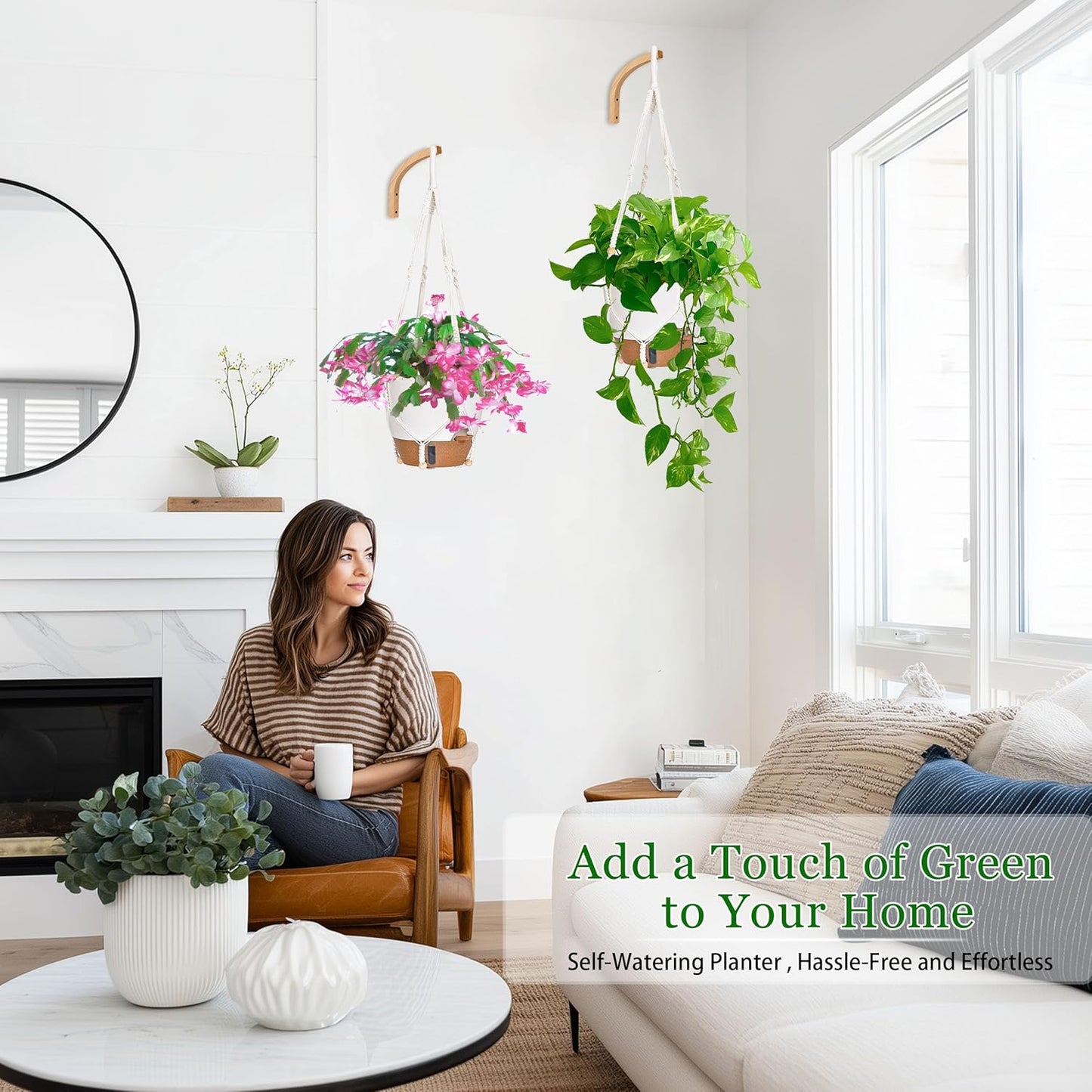 10 Inch Hanging Planters for Indoor Plants, 2 Pack Self Watering Hanging Baskets Flower Pots with Drainage Hole, Visual Reservoir & 2 Kinds of Plant Hanger for Outdoor Garden Home Decor (White)