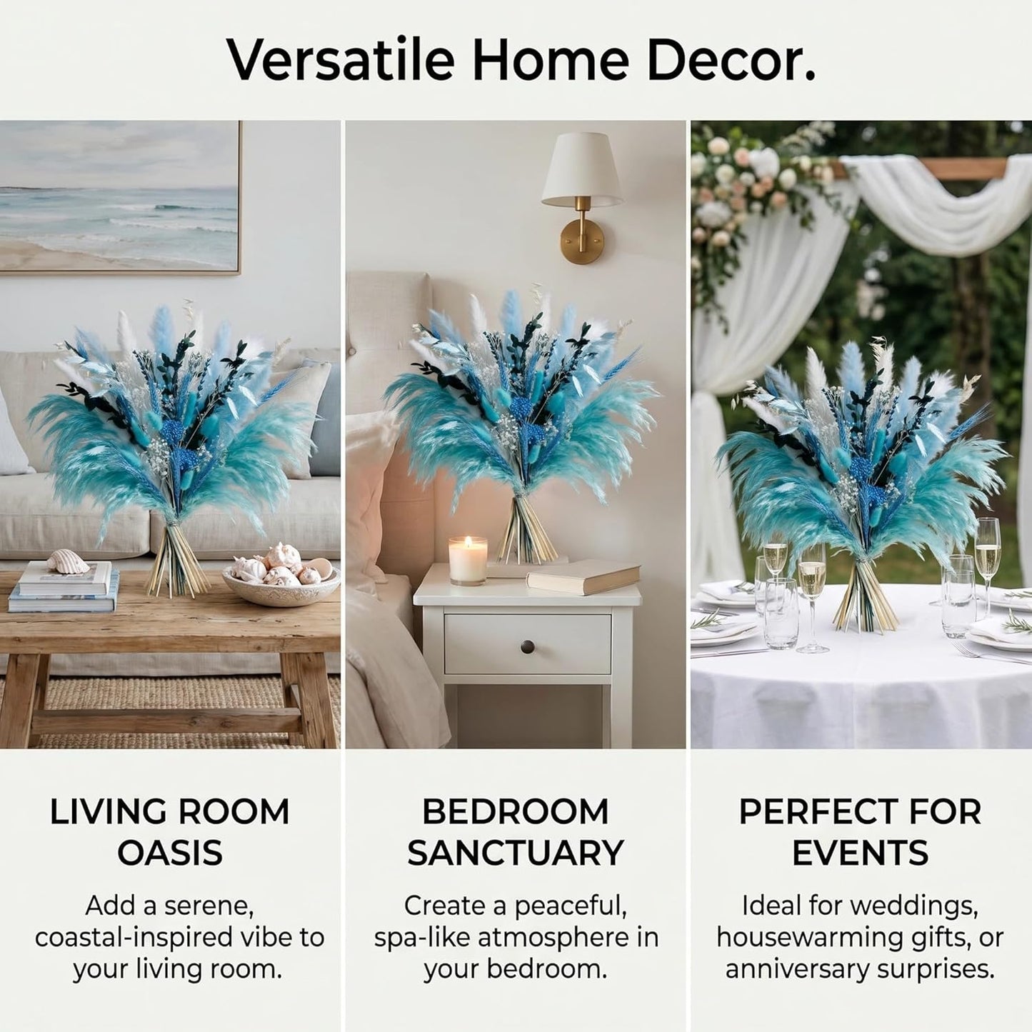 Pampas Grass Decor Dried Flowers with Blue Pampas Grass Boho Floral Arrangements for Home Office Wedding Centerpieces Rustic Blue Flowers Decor