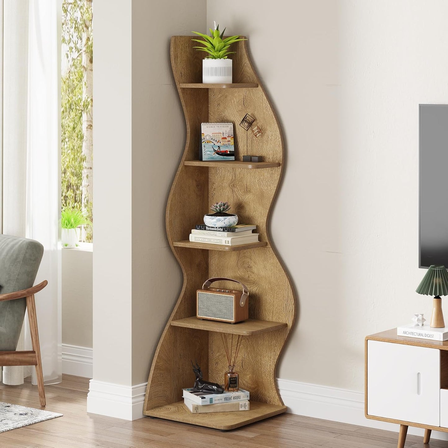 Tribesigns Corner Shelf, Modern 5-Tier Wall Corner Bookshelf, Stylish Corner Small Bookcase Storage Rack Plant Stand with Unique Shape for Living Room, Home Office (White, 1PC)