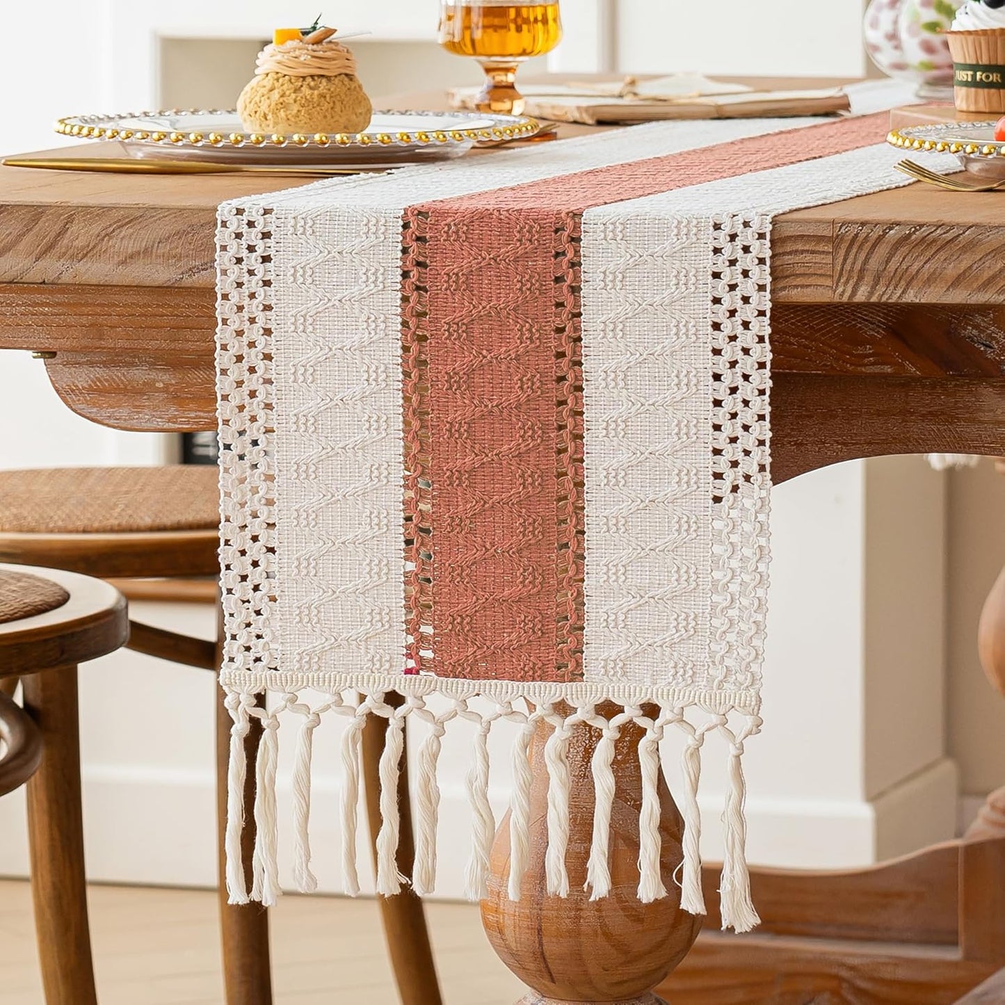 FEXIA Boho Table Runner for Thanksgiving Fall Christmas Home Decor with Tassels 72 Inches Long Pottery barn Furniture Farmhouse Rustic Macrame Burlap Table Decoration for Living Room (12x72 Inches)