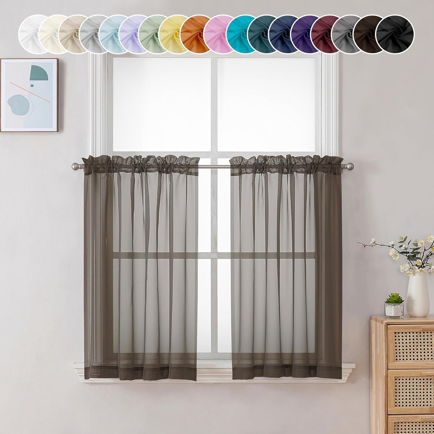 Chyhomenyc Sheer White Valances for Windows 2 Pack, Small Window Curtains for Living Room Bathroom Cafe Laundry Basement, Modern Top Dual Rod Pocket Voile Curtain, 42W x 14L inches, White - Colors B