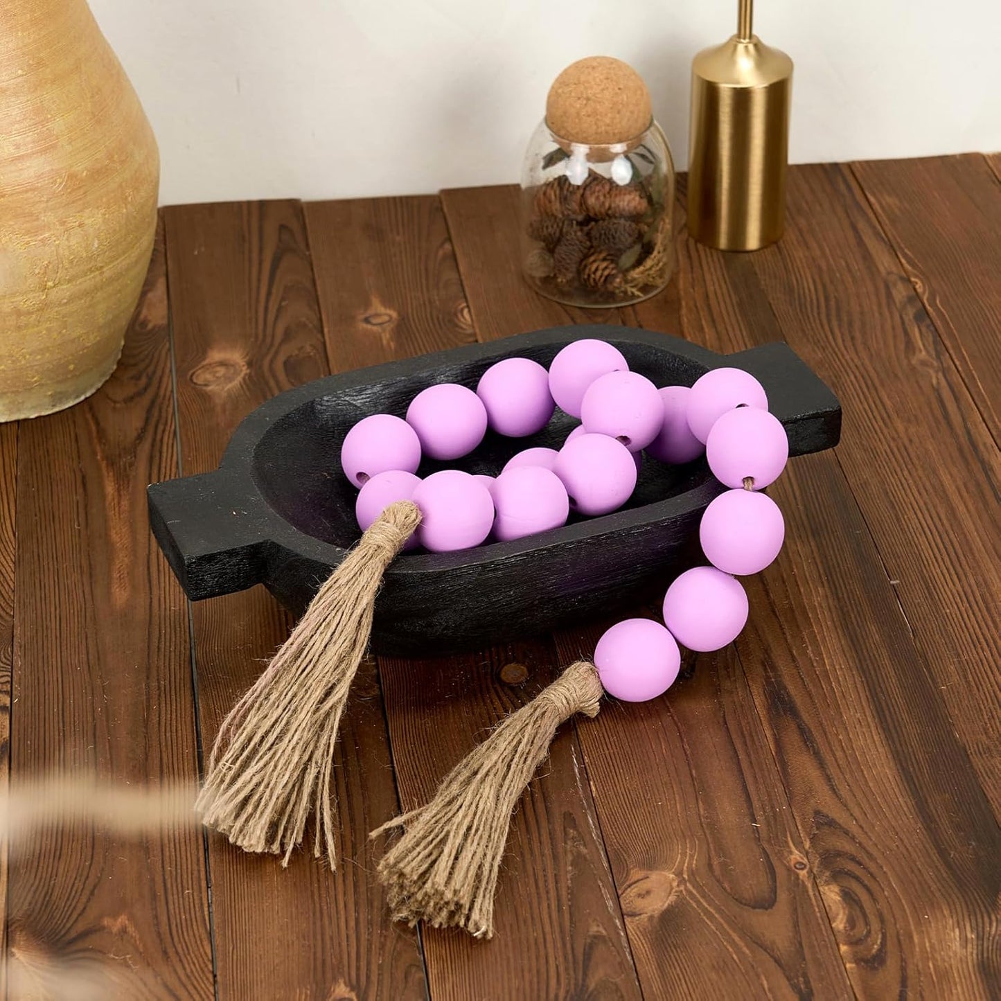 OMISHE Extra Large Wood Bead Garland with 1.6" Diameter Wooden Beads and Tassels, 41" Long Rustic Farmhouse Country Decorative Beads for Home Tiered Tray Decor, Natural Beige