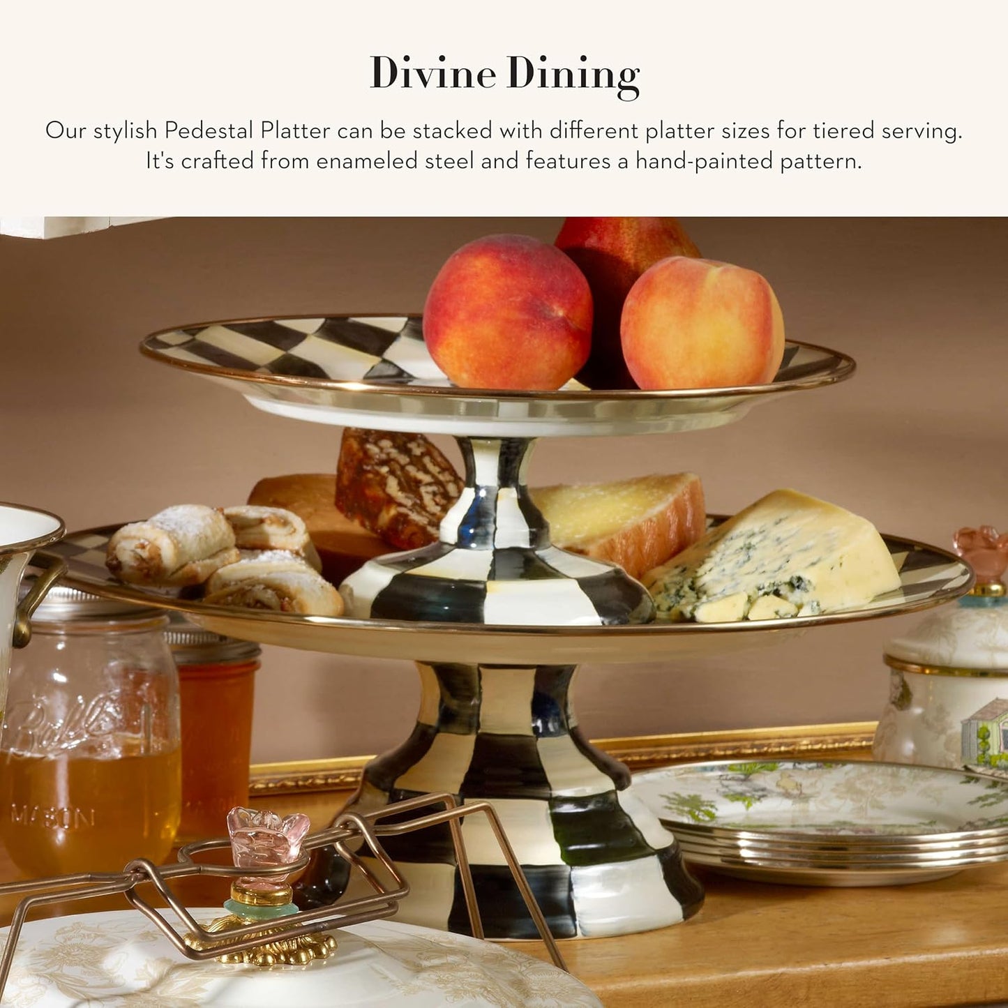 MACKENZIE-CHILDS Enamel Pedestal Serving Platter, Decorative Serving Dish for Food, Small, Black-and-White Courtly Check