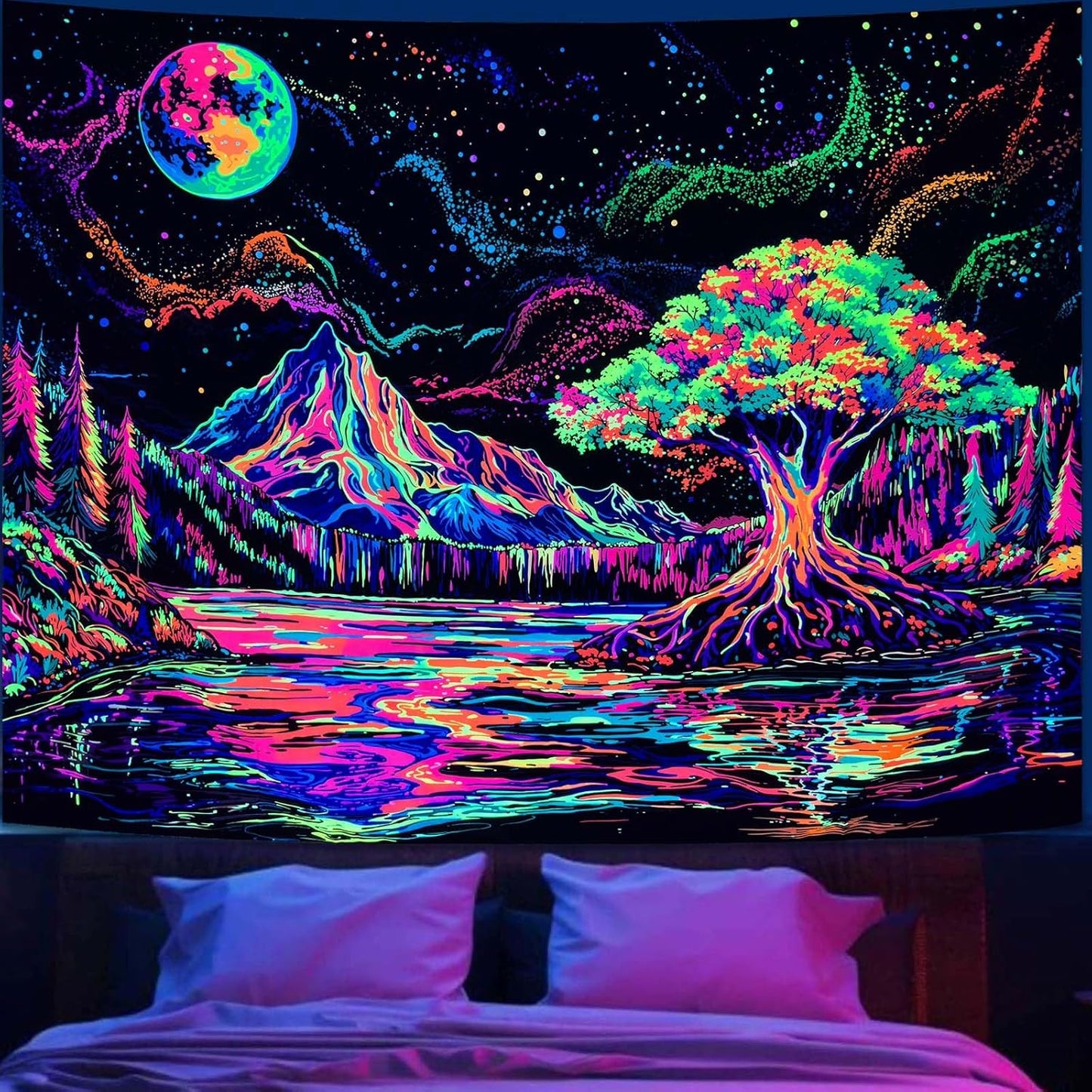 Zussun Black and White Tapestry Starry Night Mountain Tapestries for Bedroom Aesthetic Moon and Stars Tapastry's Wall Hanging Dark Nature Forest Wall Tapestry for Living Room Dorm (48'' × 36'')