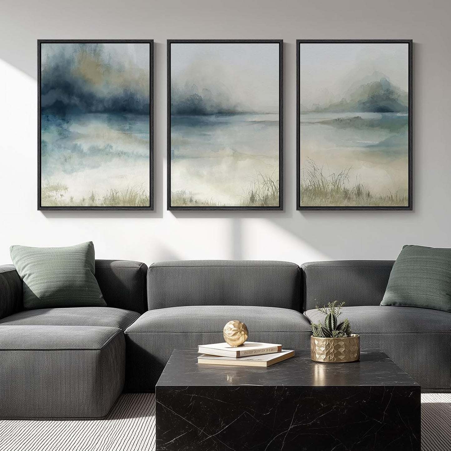 Large Framed Abstract Nature Landscape Wall Art for Living Room, Set of 3 Modern Canvas Prints Paintings Artwork for Walls, Green Lake Pictures for Hallway, Dining Room, Office Wall Decor 24x36 Inch