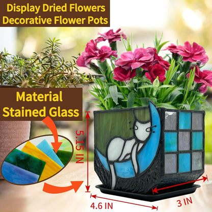 Tiffany Stained Glass Fun Moon Sleeping Cat Planter，Cactus Planter，Cute Planters for Indoor Plants,Decorative Flower Pots As Gifts for Cat Lovers，4.6x3x5.15 in