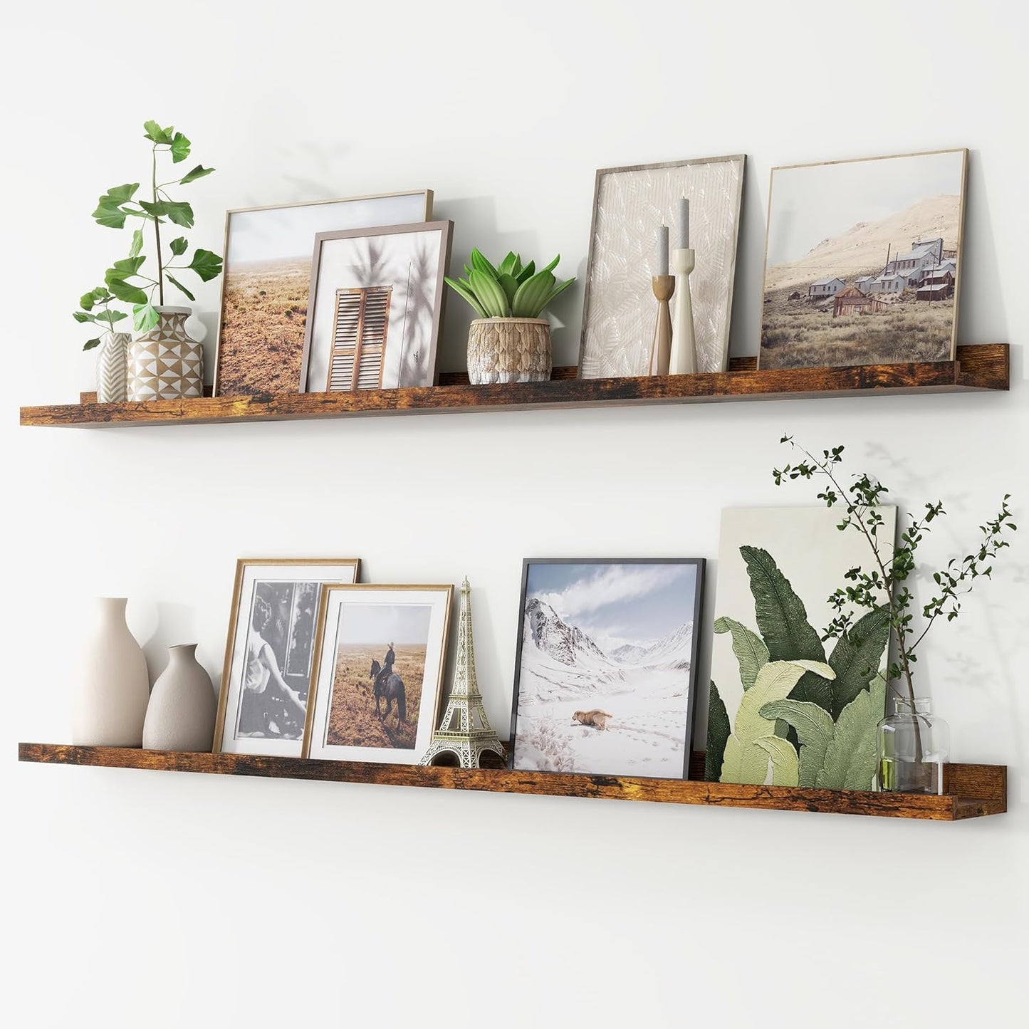 FLYJOE Picture Ledge Shelf, Floating Shelves Set of 2, 48 Inches Long Large Nursery Book Shelves for Toys Storage, Kids Bookshelf Wall Mounted for Living Room Bedroom Decor Books Photo Frames, Walnut