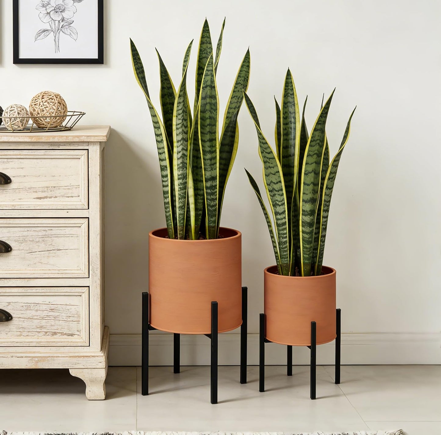 ARNIS Modern Plant Pots, Set of 2 Large Planters with Stand, Decorative Planters, Metal Pots with Drainage Holes for Living Room, Office, Garden or Balcony, 8.25 &10.5 Inch, Dirt