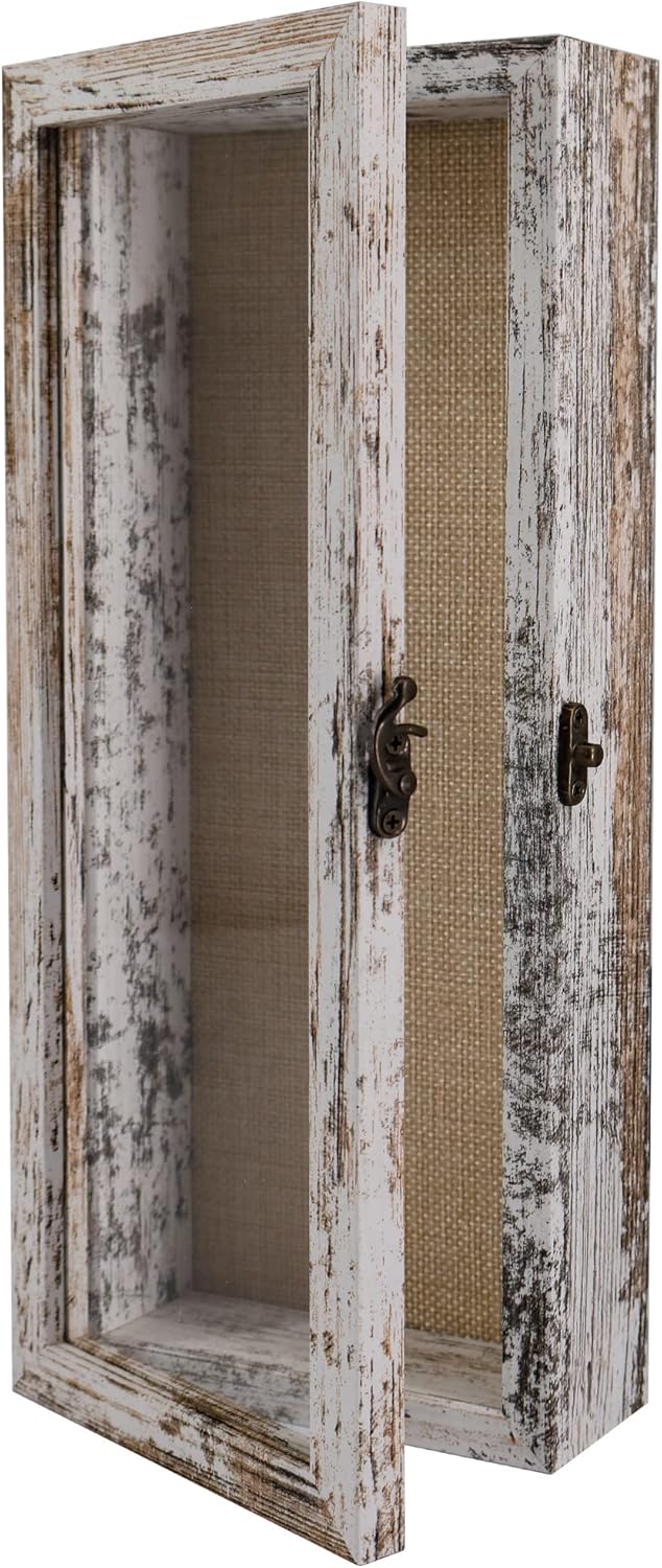 GraduationMall 13x16 Wood Shadow Box Frame Glass Door Display Case with Linen Back and 6 Stick Pins,1.5 inches Interior Depth,Ideal for Memorabilia Pictures Flowers Medals Tickets Rustic White