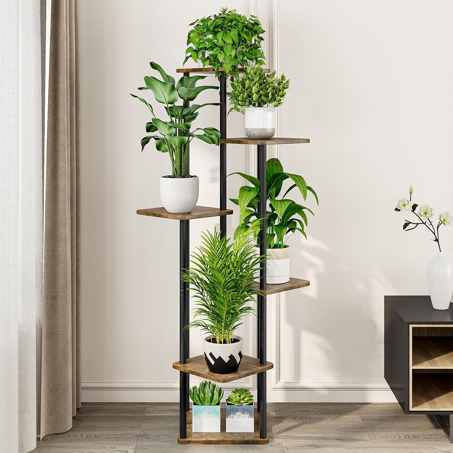 AZERPIAN Plant Stand 5 Tier Indoor Metal Flower Shelf for Multiple Plants Corner Tall Flower Holders for Patio Garden Living Room Balcony Bedroom, Black (5 Tier-Black)