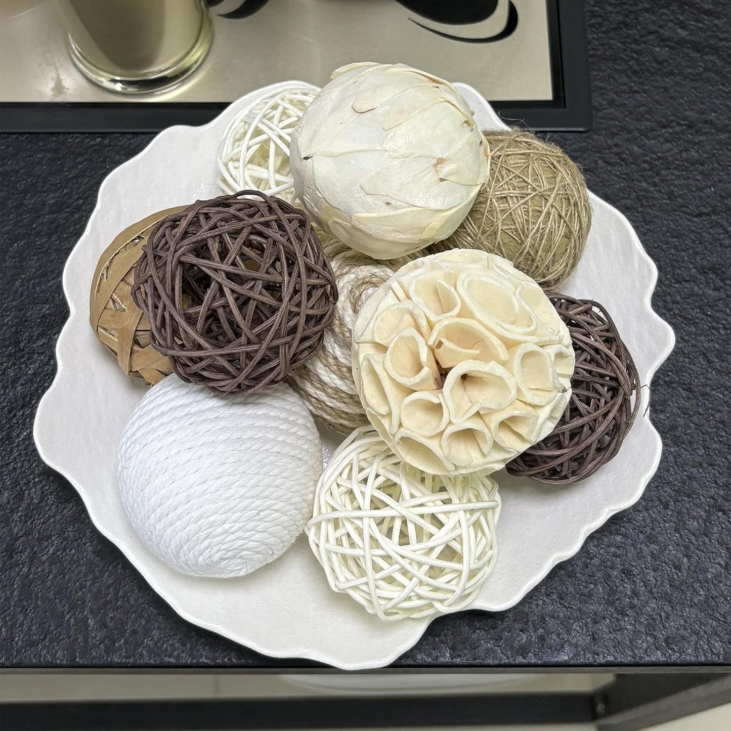 6 Pcs Decorative Balls for Centerpiece Bowls,2.36 Inch Natural Handmade Cotton Linen Orbs Balls,Wood Decorative Ball,Vase Fillers, Home Table Decor