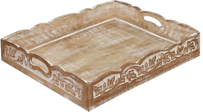 Hand Carved Wooden Serving Tray - Decorative Breakfast Tray with Handles - Rustic Wooden Food Tray with Intricate Detail - Unique Furnishing Accent - Natural Finish - 17 x 13 x 2.5 Inch - COTTON CRAFT