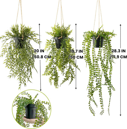 3 Packs Fake Hanging Plants with Black Pots, 20" Artificial Hanging Plants for Wall Decor, Fake Fern Plants Mandala Vine for Home Bathroom Bedroom Kitchen Office Room Decor
