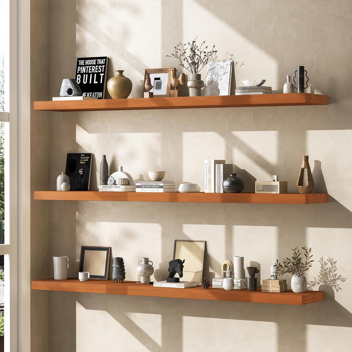 Floating Shelves 36 Inches Long - 8 Inch Deep Rustic Premium Solid Pine Wood for Storage - Farmhouse Wall Mounted for Living Room - Heavy-Duty Metal Bracket - 36" W x 8" D - Set of 2 - White Color