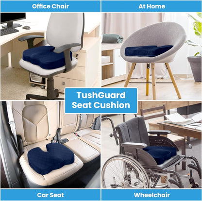 TushGuard Seat Cushion - Memory Foam Cushion for Office Chair, Car Seat, Airplane, Bleacher - Sciatica & Hip & Coccyx Pain Relief Desk Chair Cushion for Long Sitting Office Workers, Car Drivers