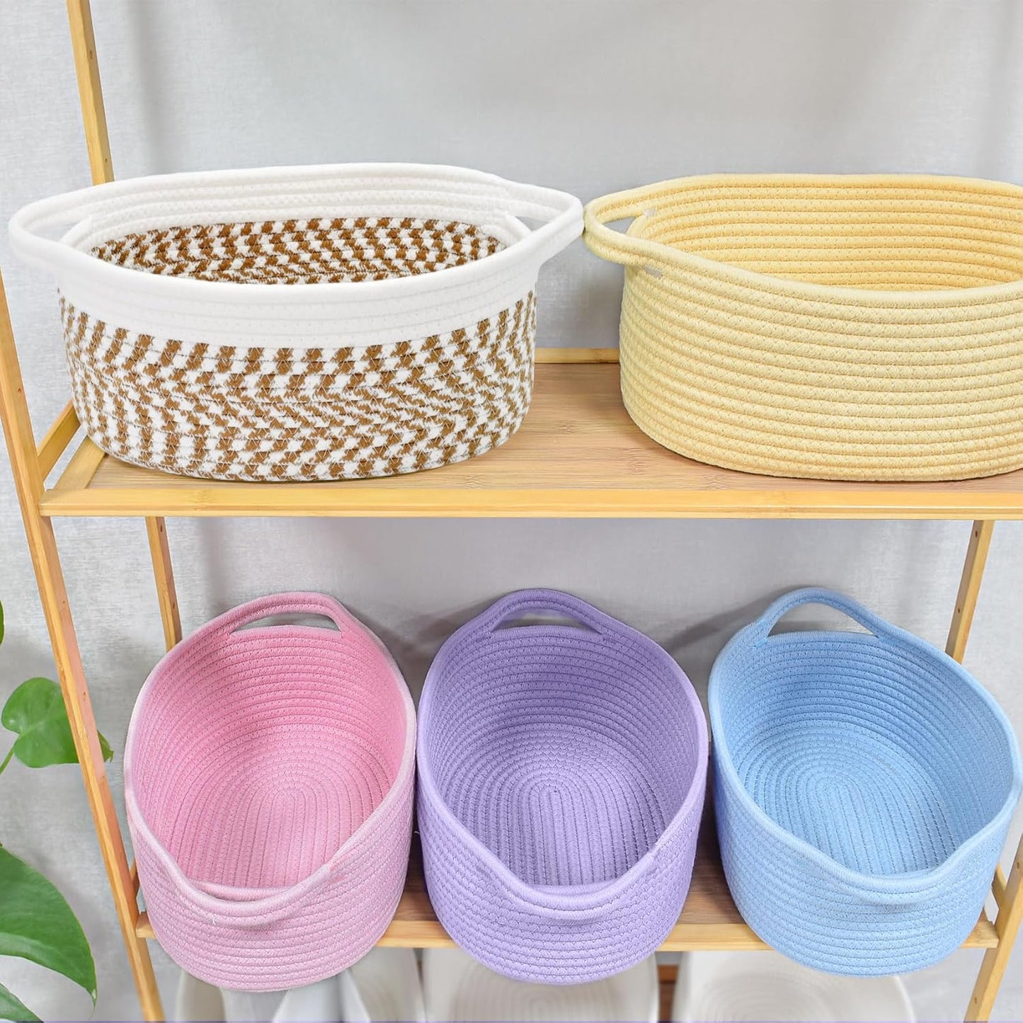 ABenkle Small Basket with Handles, Boho Decorative Rope Woven Dog Cat Toy Storage Bin Shelf Storage Organizer, Easter Christmas Gift Basket, 12"x8"x5", White