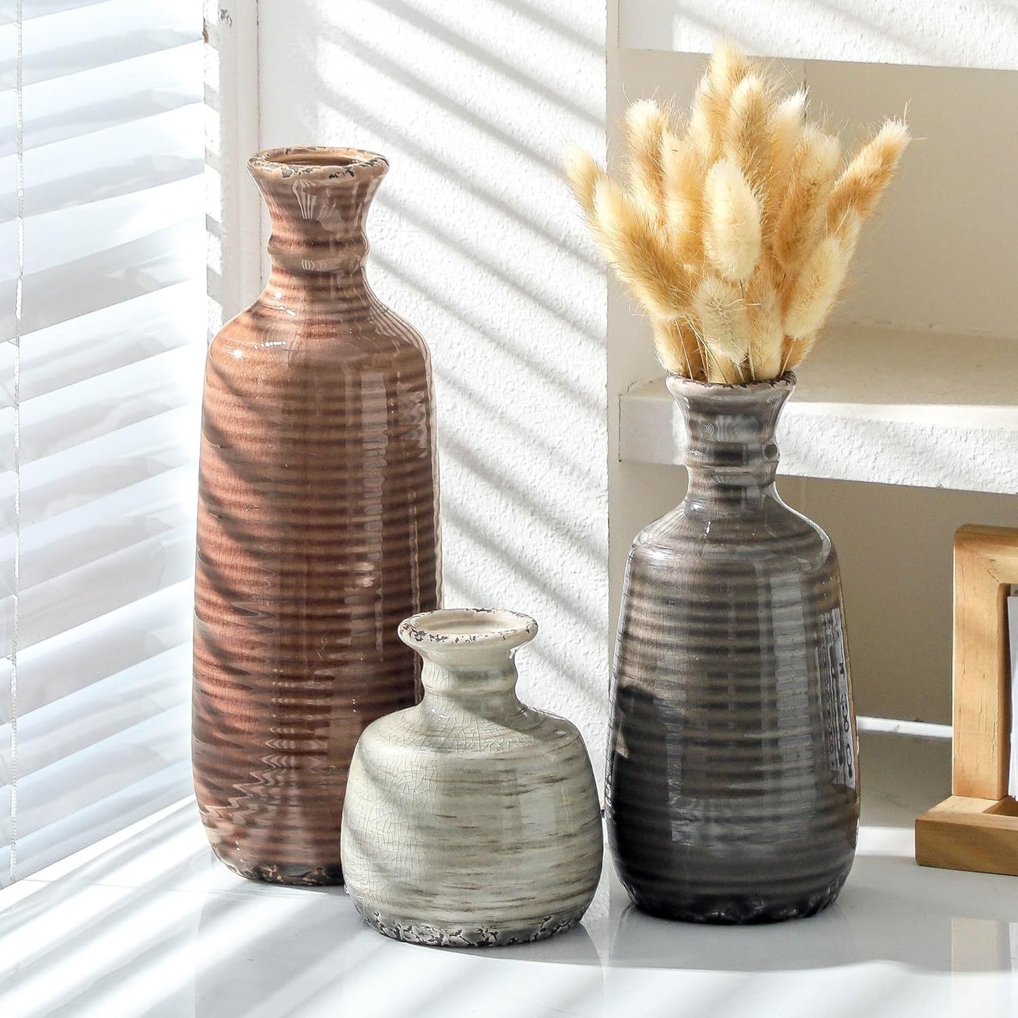 Ceramic Vase Set of 3 | Neutral Vase Home Decor with Handle | Pottery Modern Farmhouse Vases Pampas Grass Flower Vases for Home Decor Table Living Room Centerpieces Mantel Decor - Multicolor
