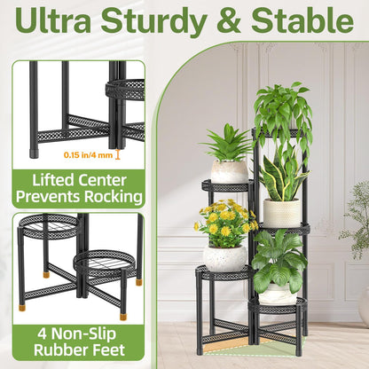 iDavosic.ly Plant Stand Indoor Outdoor, 5 Tier Corner Metal Flower Display Holder Shelf, Folding Tall Orchid Rack for Patio Balcony Porch Garden Living Room House, Black