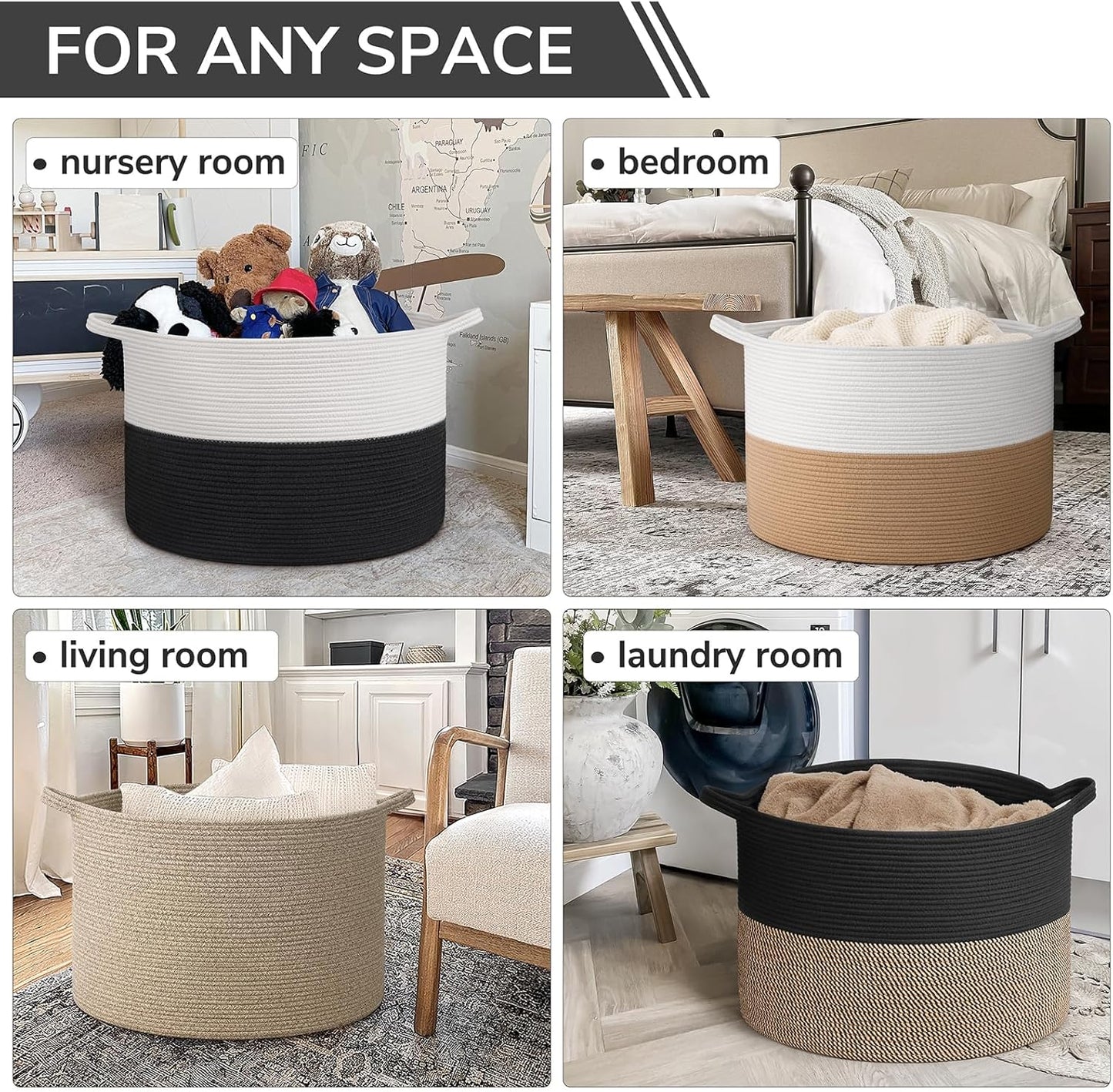 INDRESSME XXXLarge Blanket Basket for Living Room 21.7" x 21.7" x 13.8"-Storage Basket with Handle for Organizing Toy Pillows Woven Cotton Rope Laundry Basket Stuffed Animal Toy Storage for Play Room