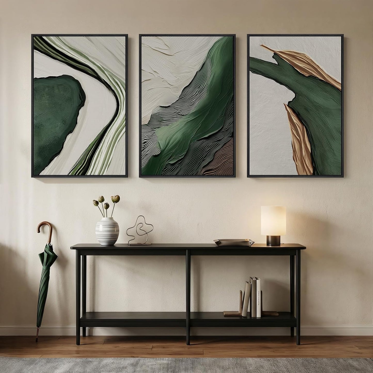 Large Framed Abstract Nature Landscape Wall Art for Living Room, Set of 3 Modern Canvas Prints Paintings Artwork for Walls, Green Lake Pictures for Hallway, Dining Room, Office Wall Decor 24x36 Inch