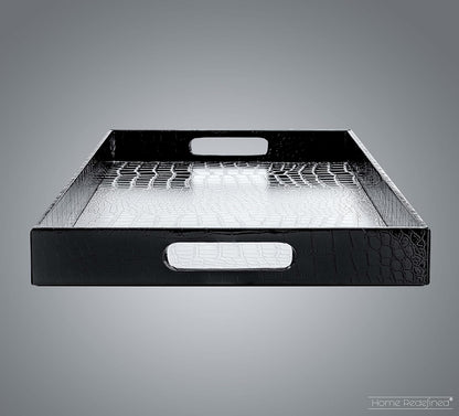 Home Redefined Beautiful Modern Elegant 17.5"x12" Rectangle Classic Black Faux Leather Decorative Tray Ottoman Coffee Table Perfume Living Room Kitchen Serving Tray with Handles for All Occasion's