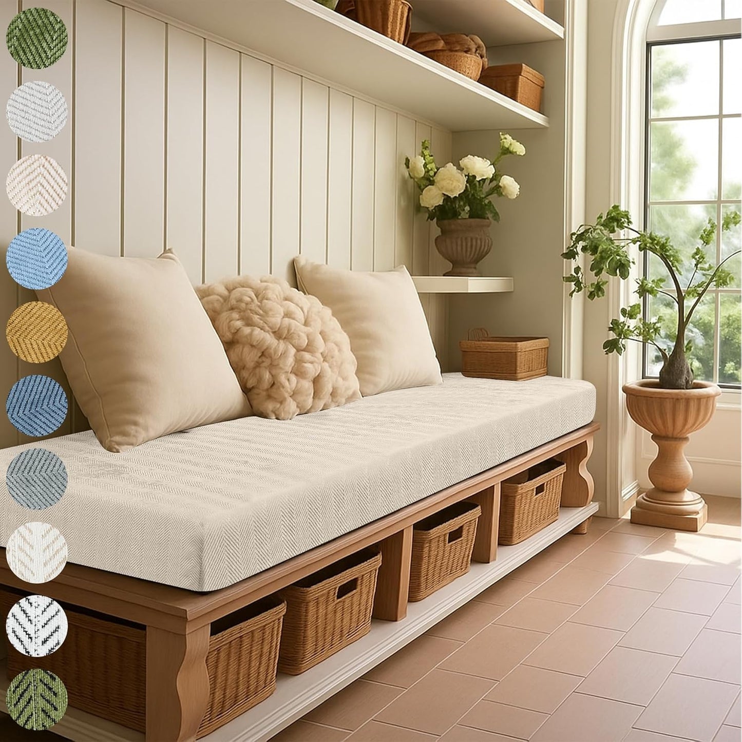 Custom Size Bench Cushion, Custom Bench Cushions for Indoor Furniture, 75D Foam Furniture Window Seat Cushion, Breakfast Nook, Mudroom, Banquette Bench Cushion, Non-Slip Bottom, Pipe Design