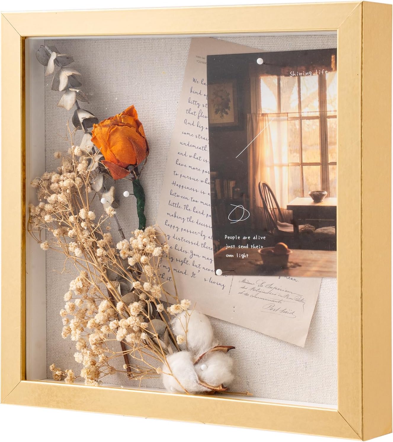 Muzilife 8x8 Shadow Box Picture Frame with Linen Board - Deep Wood & Glass Display Case Ready to Hang Memory Box Baby Sports Memorabilia, Pins, Awards, Medals, Wedding, Tickets and Photos (Black)