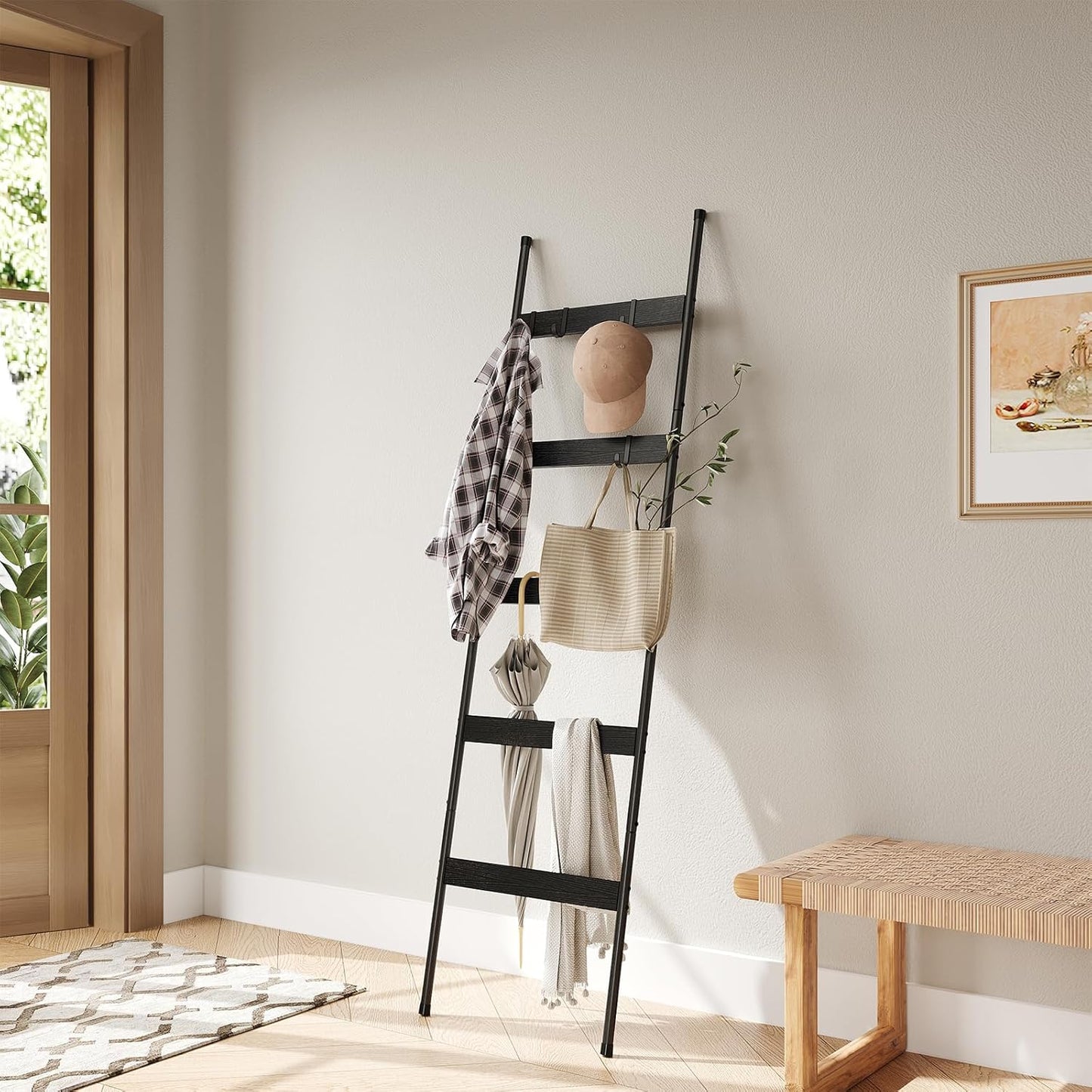ELYKEN Blanket Ladder for Living Room, Farmhouse 5-Tier Quilt Holder with 4 Removable Hooks for Bathroom, Wood Towel Rack Display, Wall Anchor Leaning Decorative Stand for Home, Rustic Brown