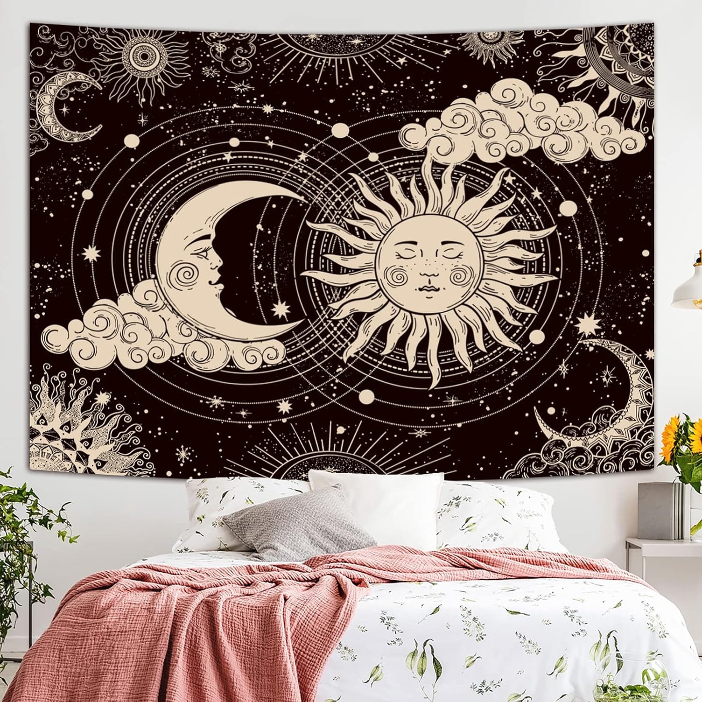 Wonrizon Sun and Moon Tapestry, Aesthetic Black Dark Spiritual Tapestries Mystic Burning Sun with Clouds Star Wall Hanging decor for Bedroom (51.2" x 59.1")