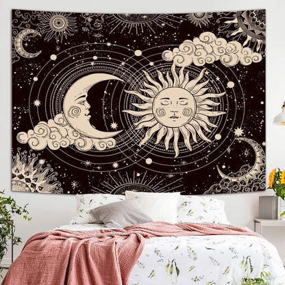 Wonrizon Sun and Moon Tapestry, Aesthetic Black Dark Spiritual Tapestries Mystic Burning Sun with Clouds Star Wall Hanging decor for Bedroom (51.2" x 59.1")