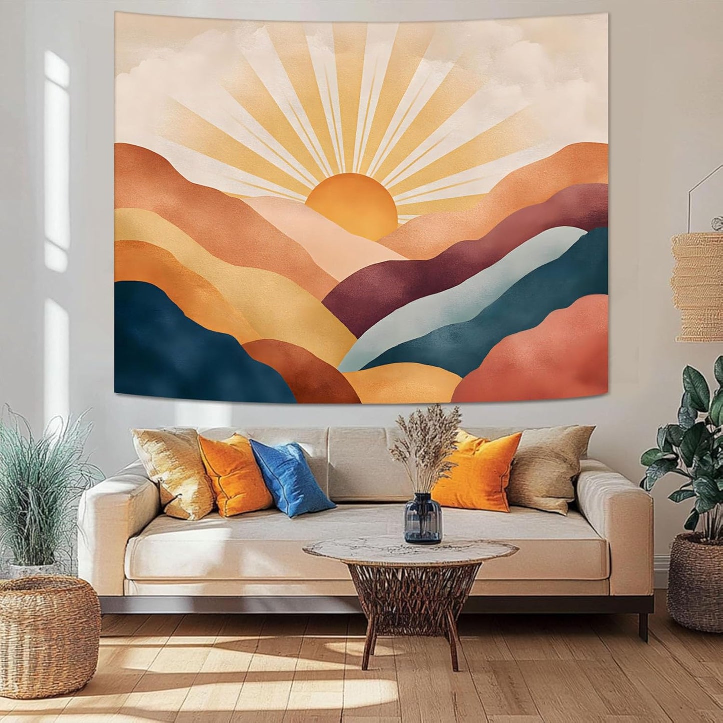 Lunerfex Bohemian Mandala Sunrise Wall Tapestry, Abstract Mountain Scenery Tapestries for Home Decor, Boho Tapestry 48x36 Inch