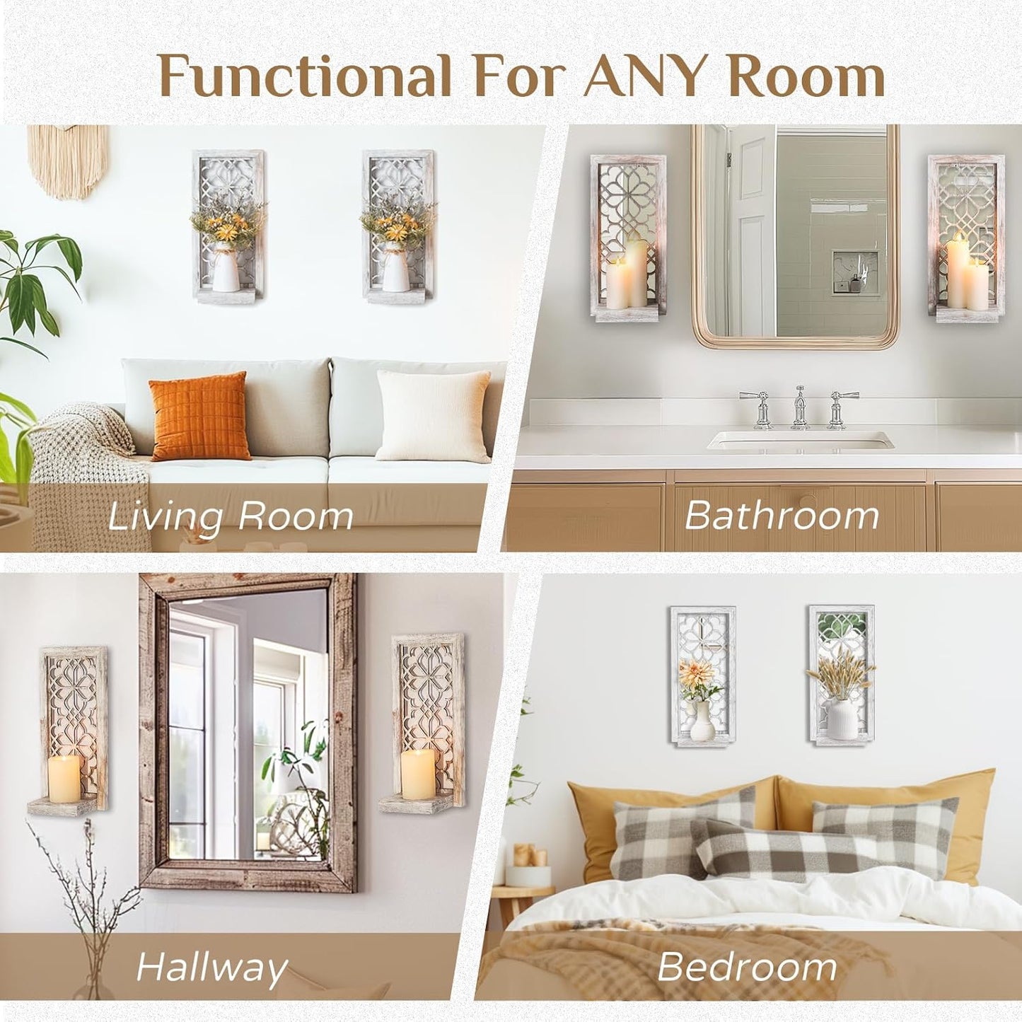Farmhouse Wall Candle Holder Decor: Rustic Candle Sconces Set of Two for Pillar Candles - Brown Wooden Shelving for Fireplace Bathroom Hallway