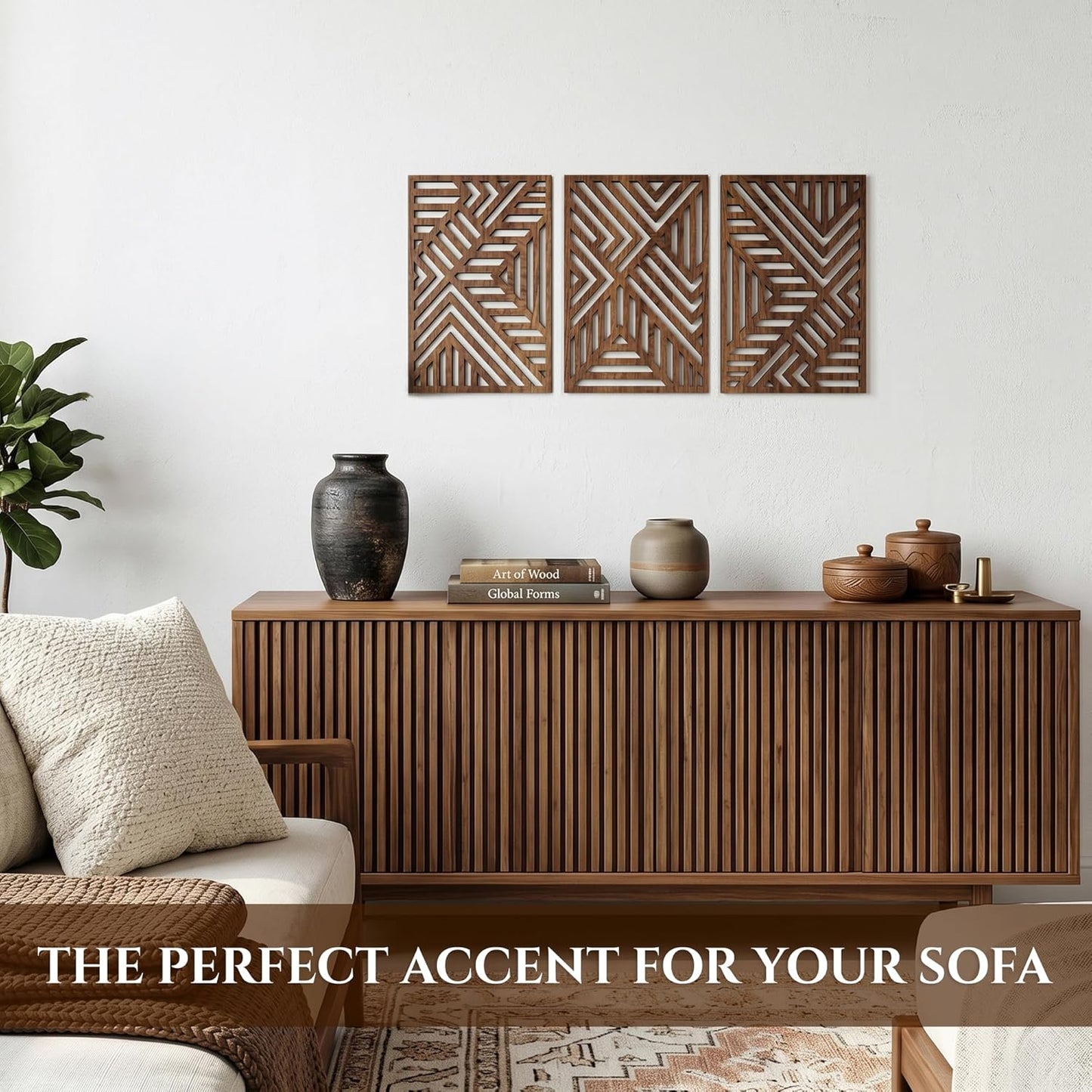 qmmp Modern Wooden Wall Sculptures - Set of 3 - Home Decor Accent - Large Wall Art for Living Room, Bedroom, Office - Easy Installation (Oak, Medium - Mountain and Sun)